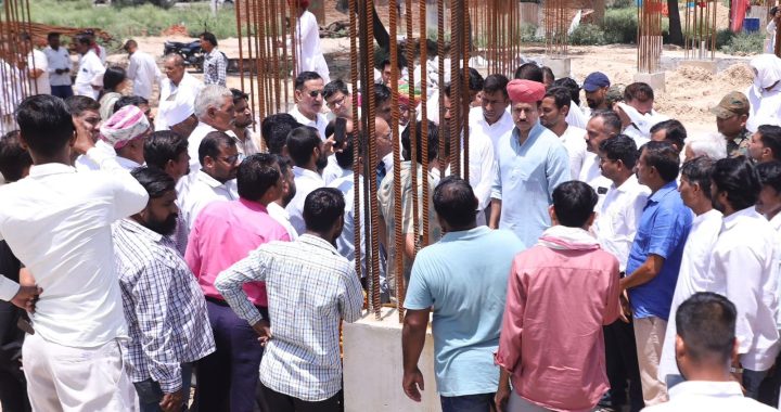 Graphic architectural layout and active construction site of the upcoming 100-bed multi-specialty Jhotwara Satellite Hospital in Jaipur, Rajasthan.
